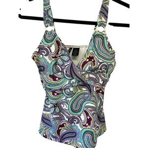 Anne Cole wrap paisley print tankini top adjustable straps bra padding sz 8 reso